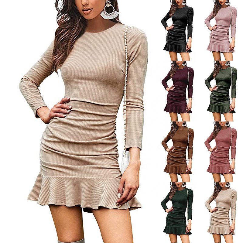 Women's Autumn Elegant Casual Pleated Long Sleeve Mock Neck Wrap Fit Flare Belted Knit Slim Women Clothing Sweater Dress
