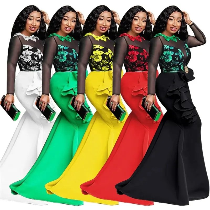 New Style Classic Dresses For Women Long Party Mermaid Dress Mesh Ruffles Evening Bodycon Maxi Dress