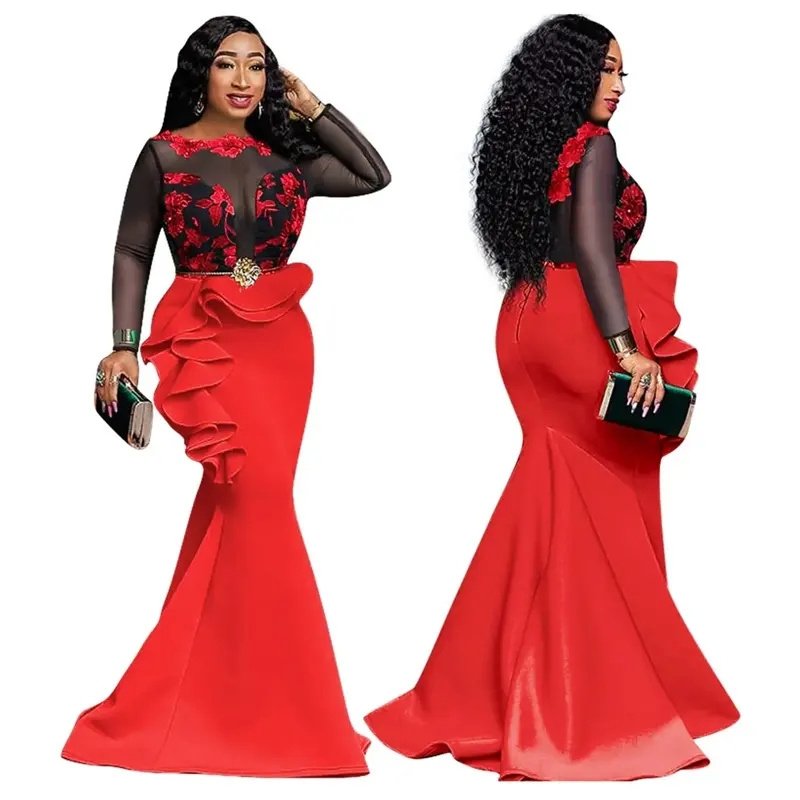 New Style Classic Dresses For Women Long Party Mermaid Dress Mesh Ruffles Evening Bodycon Maxi Dress