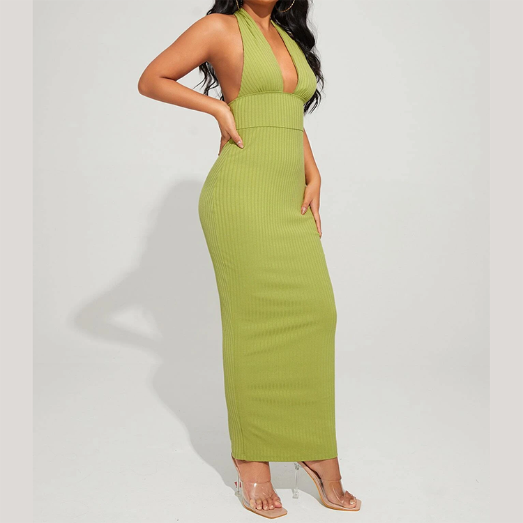 New Design Green Color Sleeveless Women Plunging Neck Open Back Bodycon Halter Dress