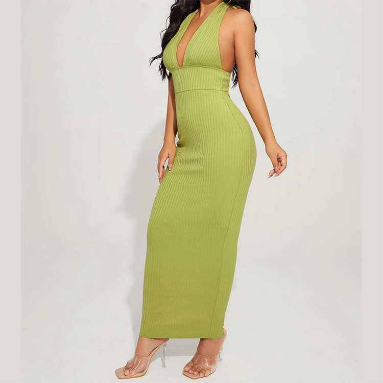 New Design Green Color Sleeveless Women Plunging Neck Open Back Bodycon Halter Dress