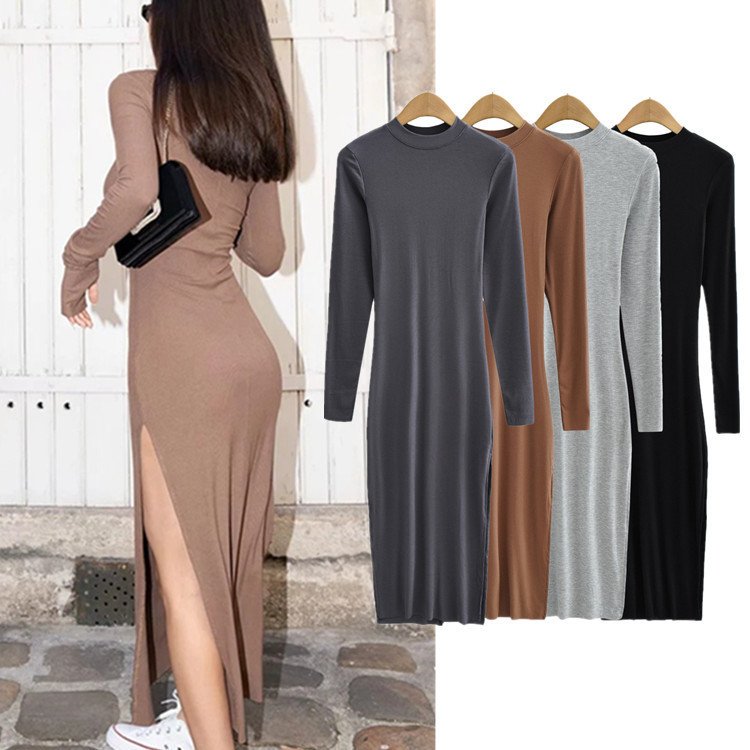 custom logo black brown dress long sleeve splits knitted ribbed maxi dress women winter bodycon fitness casual dress