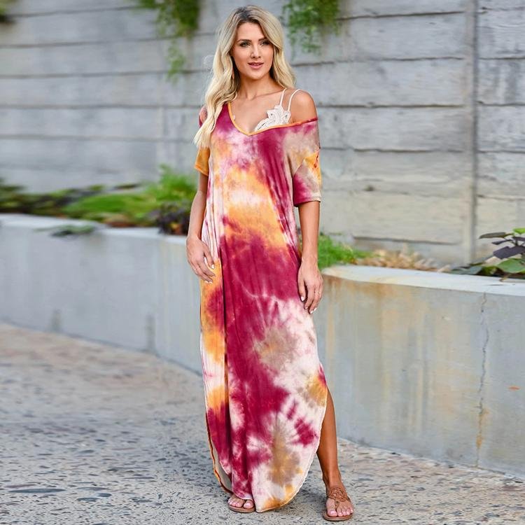 Casual Ladies Loose Long Dresses Maxi Printed Holiday Beach Dress Slit Robe Plage Nouvelle Collection 2022 Femme