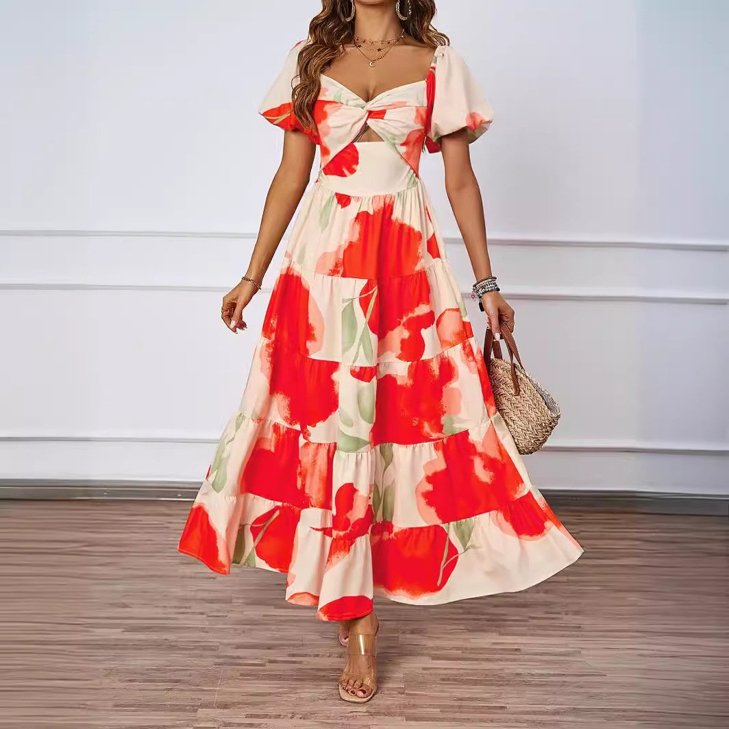2024 Spring/summer New Style Slim-fit Printed Puffy Sleeves Swing High-end Dress Natural Digital Printing Woven Simple Chiffon