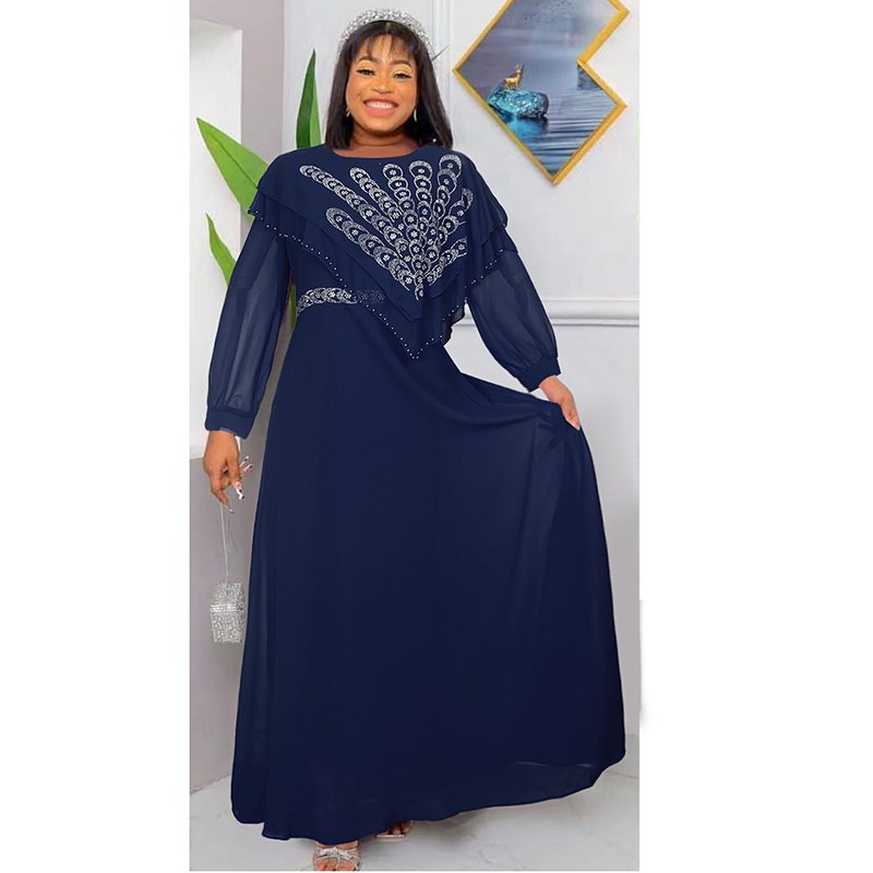 Plus Big Size Fashion Solid Color Lace Dress Long Sleeve Casual Dress Women Clothing Chiffon Diamond Elegant Maxi Dress