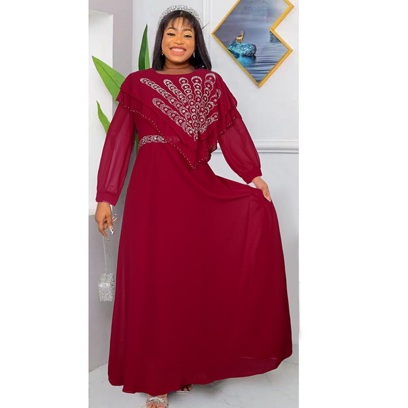Plus Big Size Fashion Solid Color Lace Dress Long Sleeve Casual Dress Women Clothing Chiffon Diamond Elegant Maxi Dress