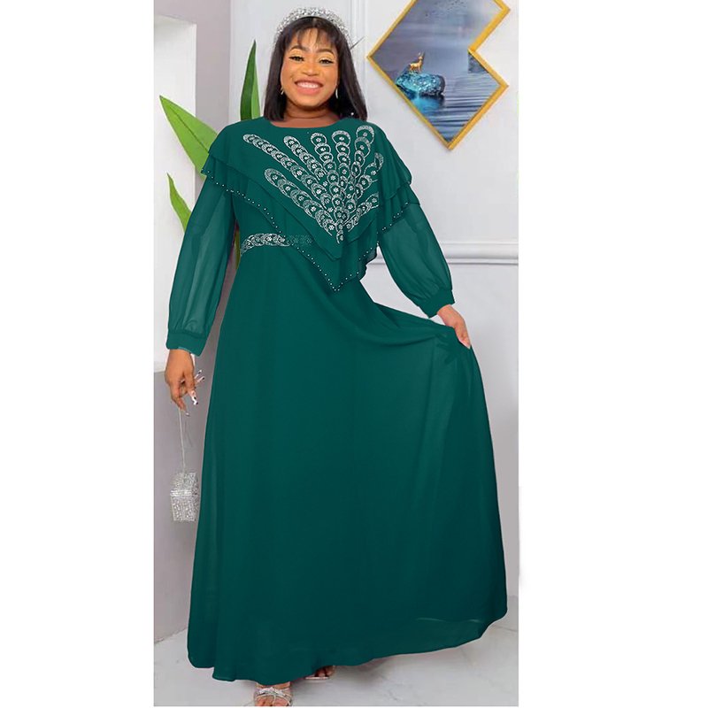 Plus Big Size Fashion Solid Color Lace Dress Long Sleeve Casual Dress Women Clothing Chiffon Diamond Elegant Maxi Dress