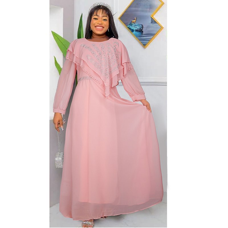 Plus Big Size Fashion Solid Color Lace Dress Long Sleeve Casual Dress Women Clothing Chiffon Diamond Elegant Maxi Dress