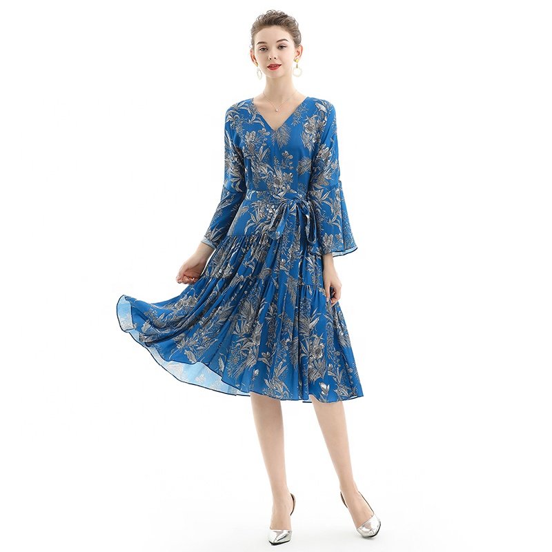 D057 custom low moq odm oem vintage Fashion Elegant Long Sleeve Print Career office work Casual Dress factory women