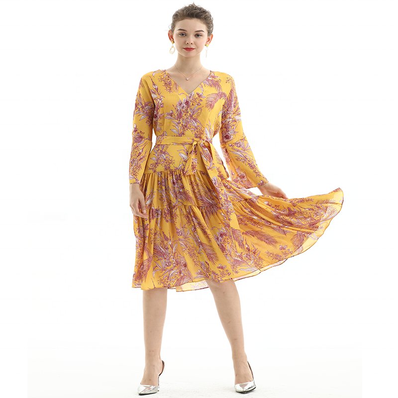 D057 custom low moq odm oem vintage Fashion Elegant Long Sleeve Print Career office work Casual Dress factory women