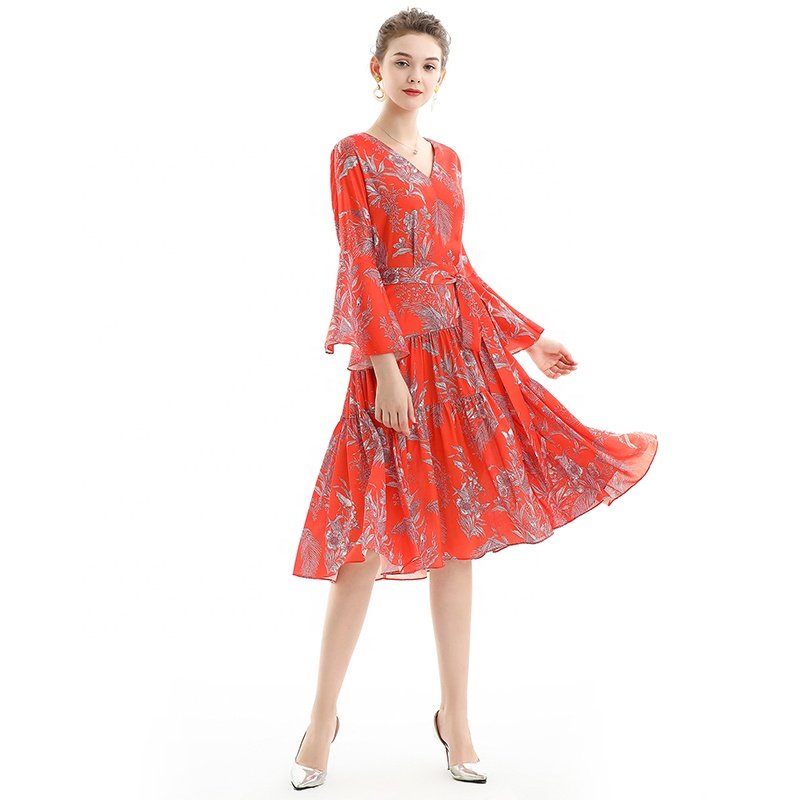 D057 custom low moq odm oem vintage Fashion Elegant Long Sleeve Print Career office work Casual Dress factory women
