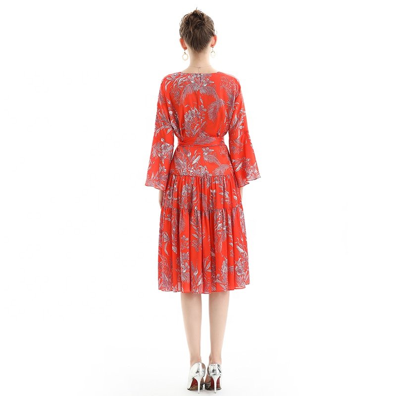 D057 custom low moq odm oem vintage Fashion Elegant Long Sleeve Print Career office work Casual Dress factory women