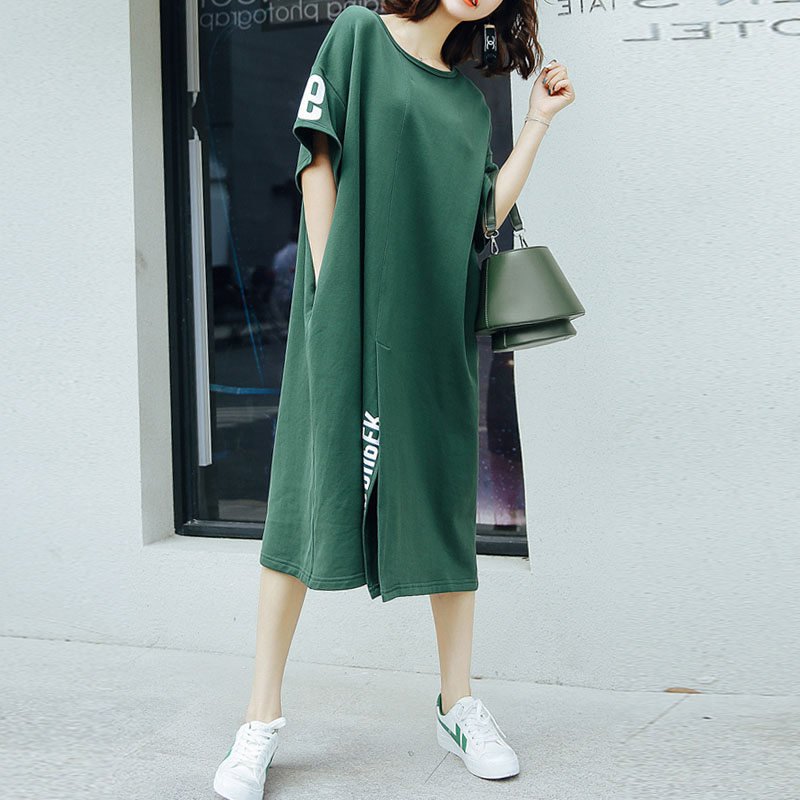 Hot Sale Summer Korean Long Tee Dress Oversized Casual Split One Piece Oversized Letter Printed Midi T Shirt Dresses for Women