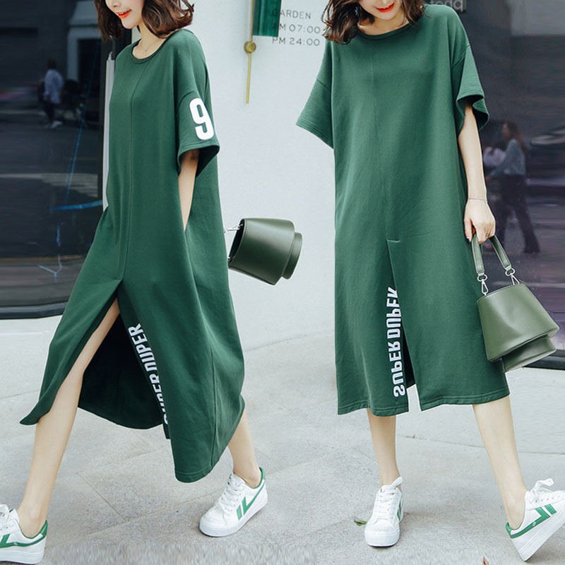 Hot Sale Summer Korean Long Tee Dress Oversized Casual Split One Piece Oversized Letter Printed Midi T Shirt Dresses for Women