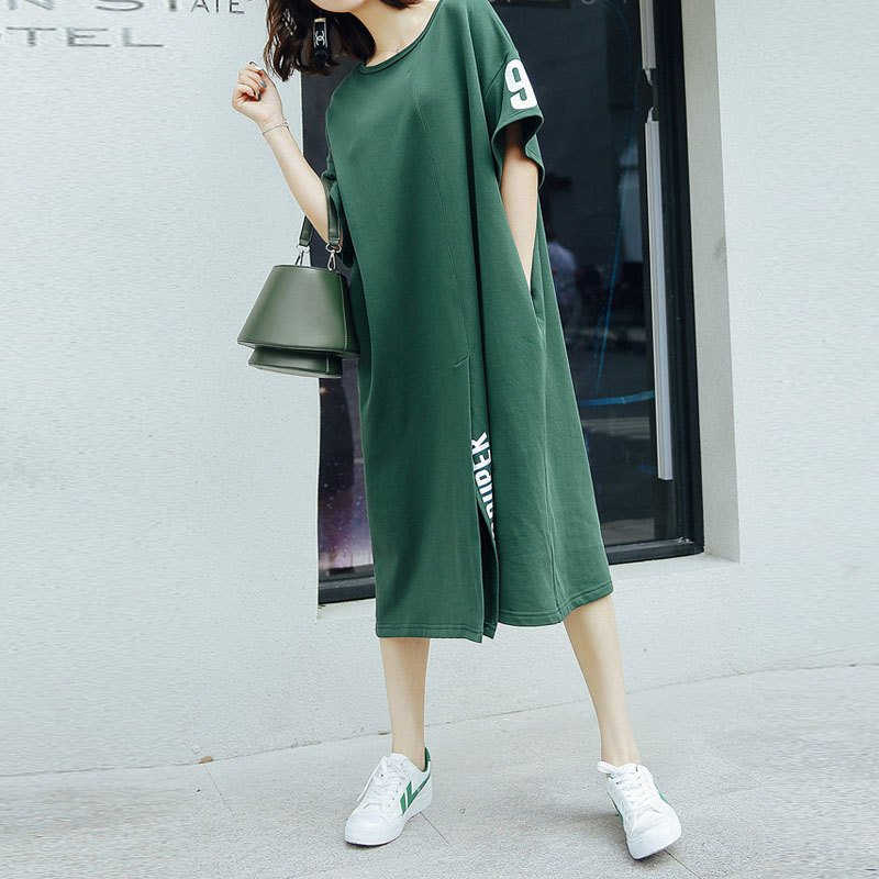 Hot Sale Summer Korean Long Tee Dress Oversized Casual Split One Piece Oversized Letter Printed Midi T Shirt Dresses for Women