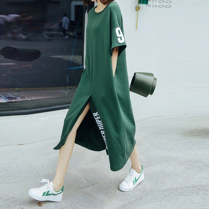 Hot Sale Summer Korean Long Tee Dress Oversized Casual Split One Piece Oversized Letter Printed Midi T Shirt Dresses for Women