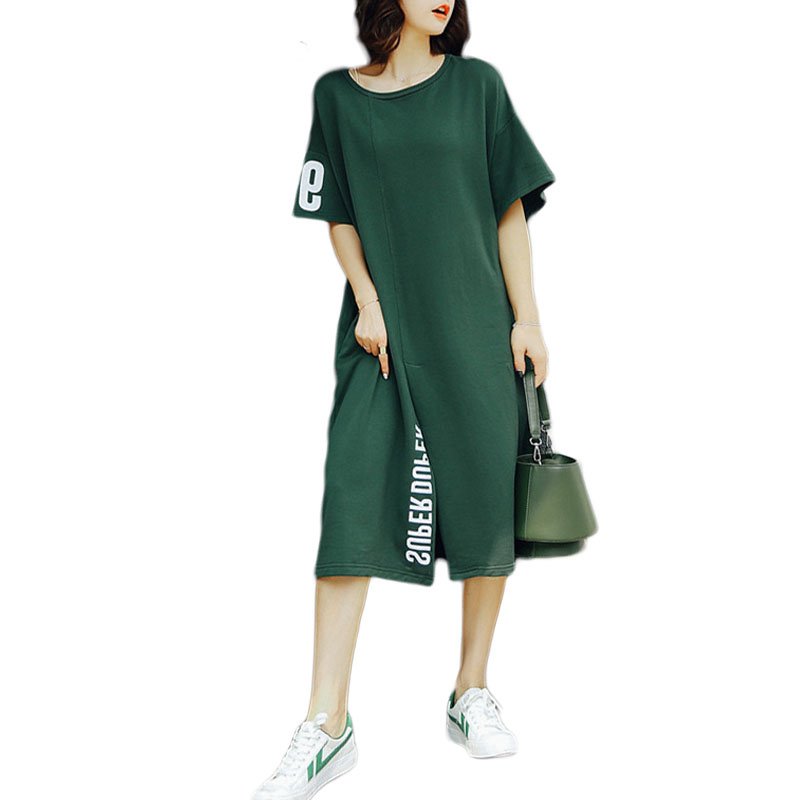 Hot Sale Summer Korean Long Tee Dress Oversized Casual Split One Piece Oversized Letter Printed Midi T Shirt Dresses for Women