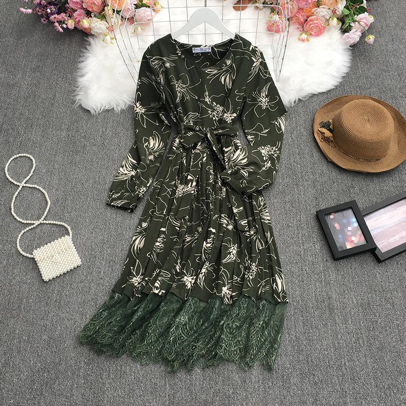 New A Line Casual Dresses Ladies Regular Breathable Boho Pleated Dress women Floral Casual Dresses With Lace