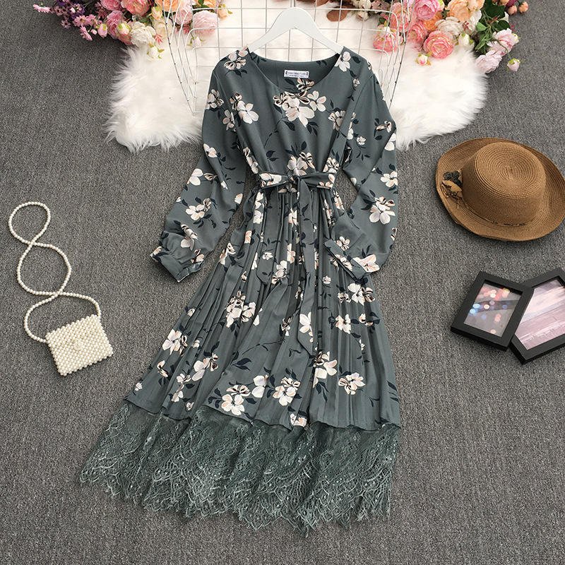 New A Line Casual Dresses Ladies Regular Breathable Boho Pleated Dress women Floral Casual Dresses With Lace