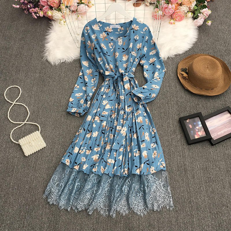 New A Line Casual Dresses Ladies Regular Breathable Boho Pleated Dress women Floral Casual Dresses With Lace