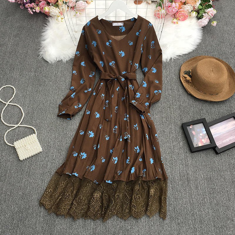 New A Line Casual Dresses Ladies Regular Breathable Boho Pleated Dress women Floral Casual Dresses With Lace