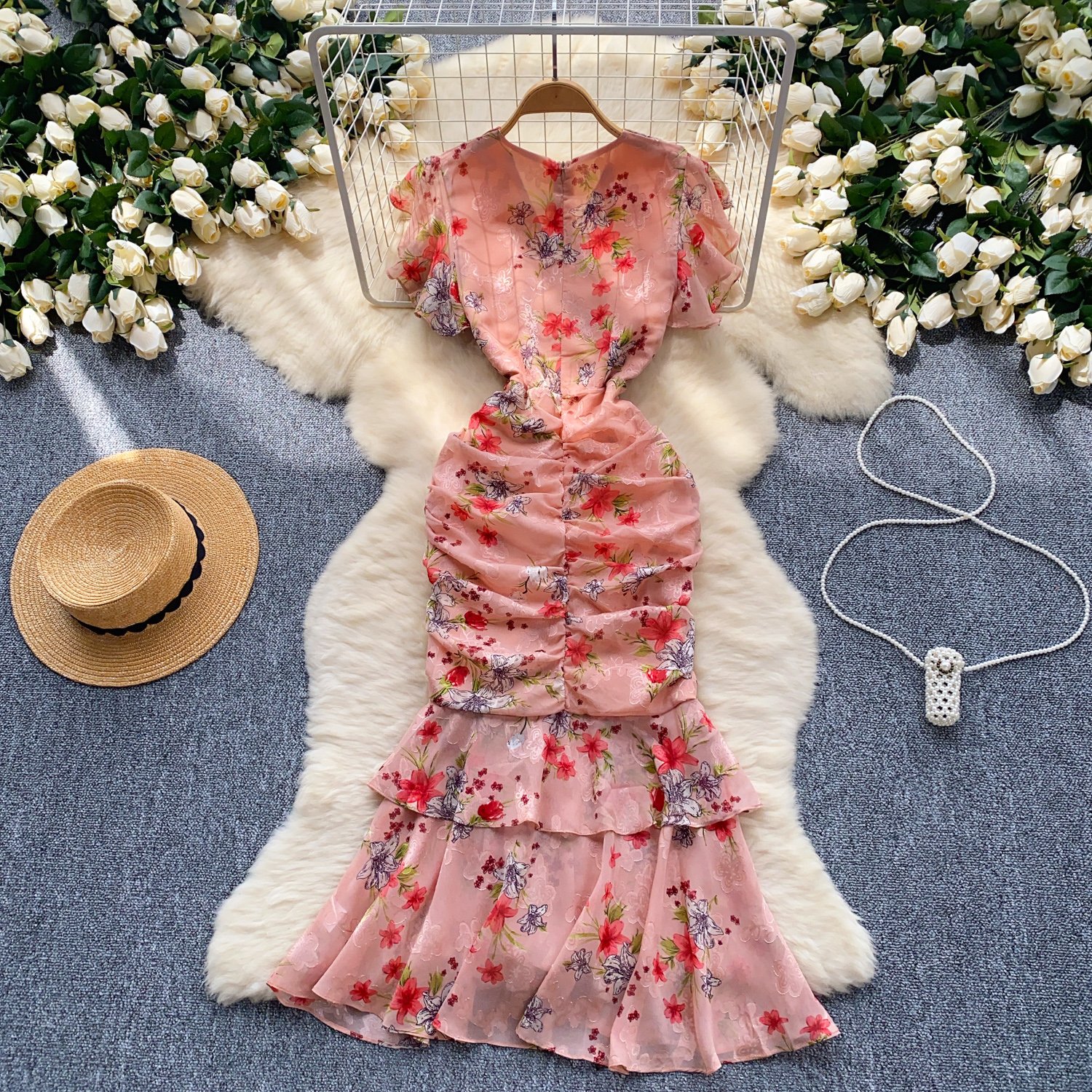 LE2525 Mature Floral Print Dress Lady Elegant Irregular Chiffon Fishtail Dress Socialite Party Drawstring Ruffled Midi Dresses