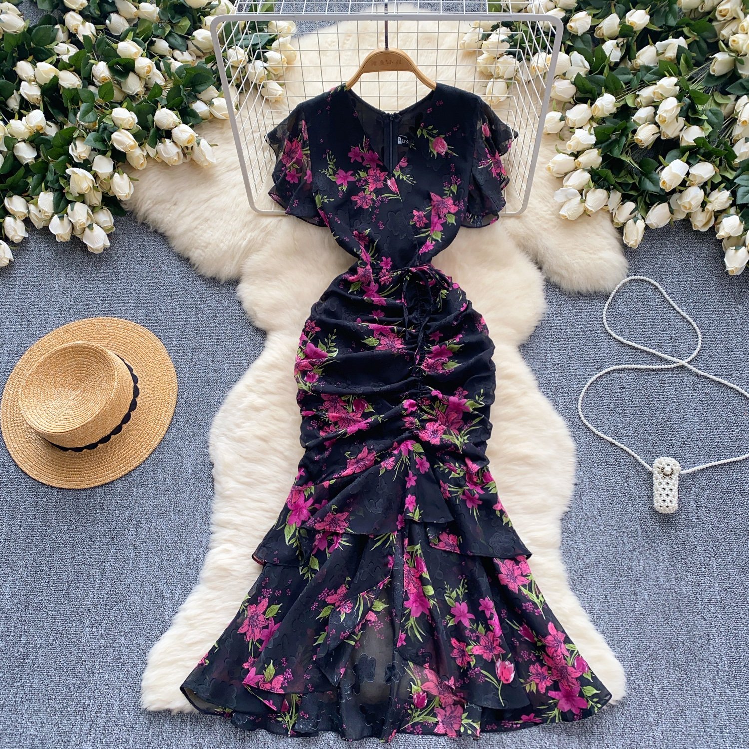 LE2525 Mature Floral Print Dress Lady Elegant Irregular Chiffon Fishtail Dress Socialite Party Drawstring Ruffled Midi Dresses