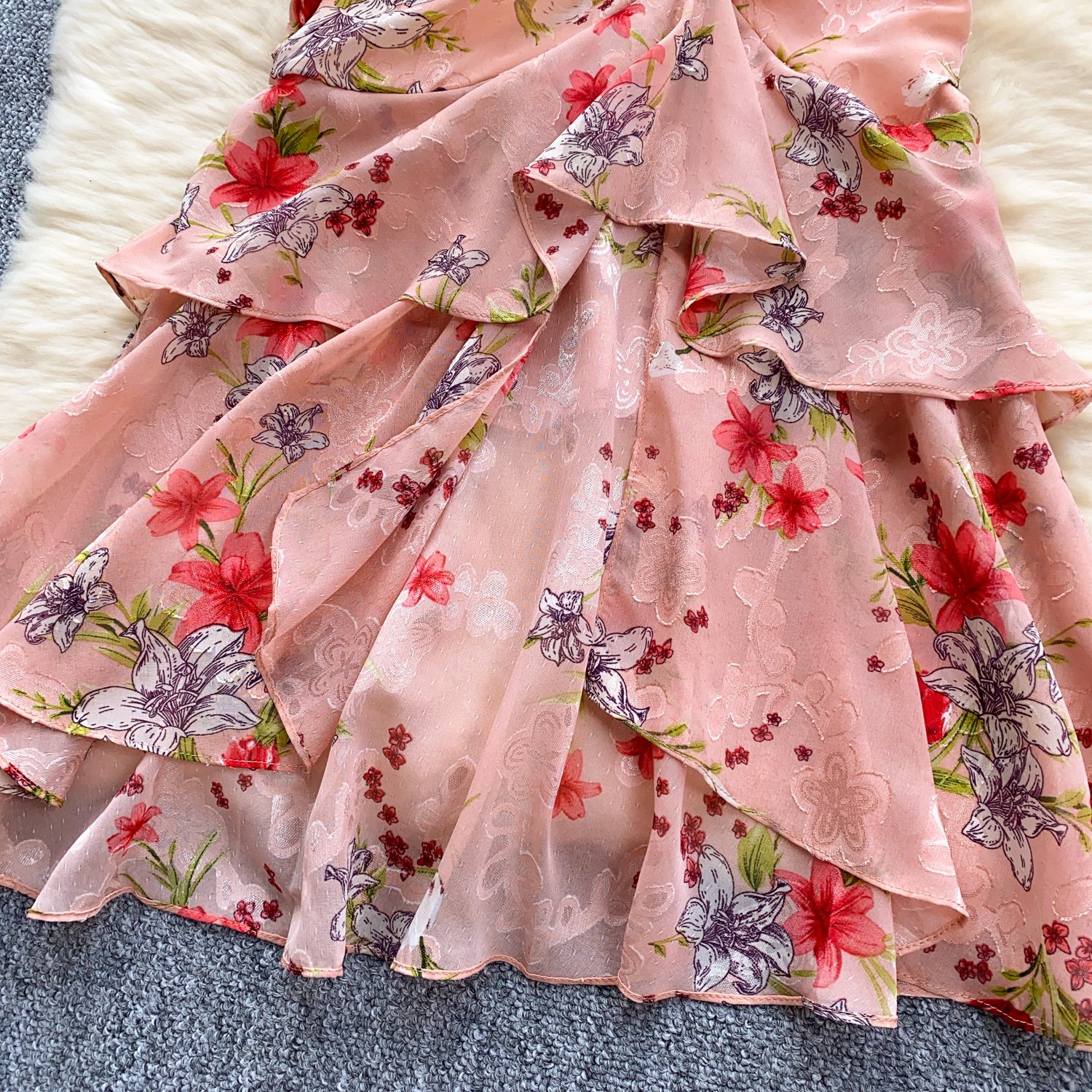 LE2525 Mature Floral Print Dress Lady Elegant Irregular Chiffon Fishtail Dress Socialite Party Drawstring Ruffled Midi Dresses