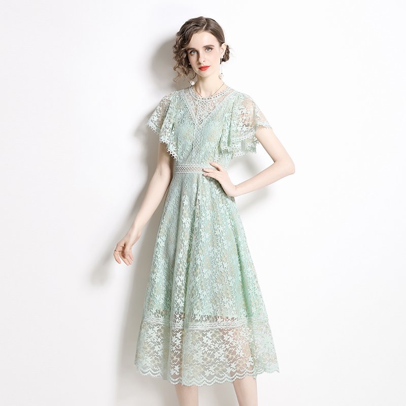 New Fashion Short Sleeve Summer Elegant Women Hollow out Green Lace Dress