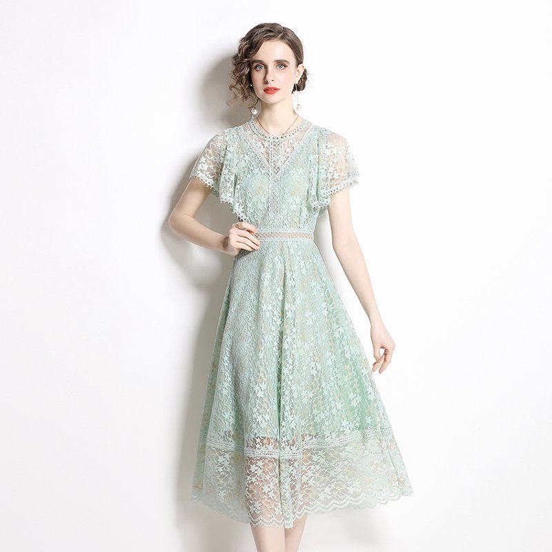 New Fashion Short Sleeve Summer Elegant Women Hollow out Green Lace Dress
