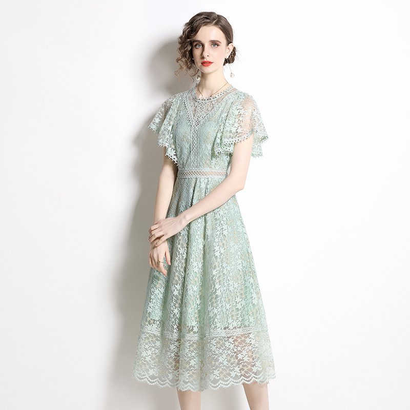 New Fashion Short Sleeve Summer Elegant Women Hollow out Green Lace Dress