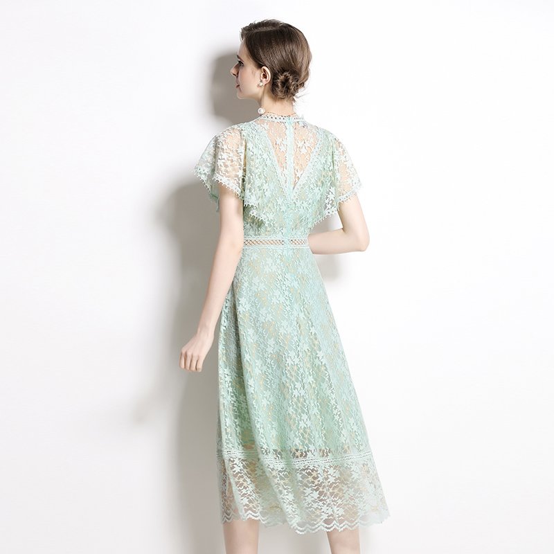 New Fashion Short Sleeve Summer Elegant Women Hollow out Green Lace Dress