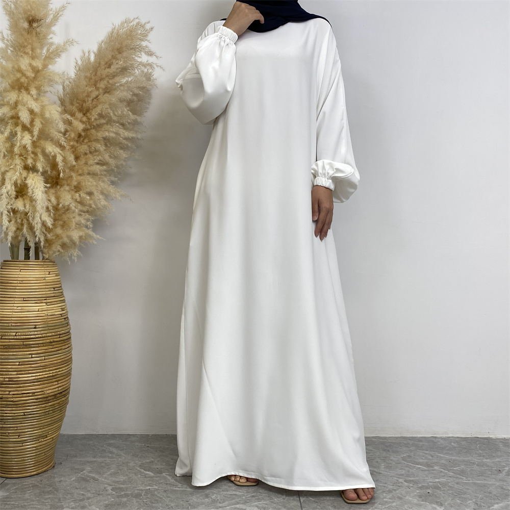 6673# New Simple Elegant White Nida Fabric Muslim Islamic Traditional Women's Dress