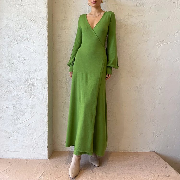 Knitwear Manufacturer Custom Mint Green V Neck Puff Sleeve Maxi casual Formal dress Women Elegant Sweater Knit Women's dress