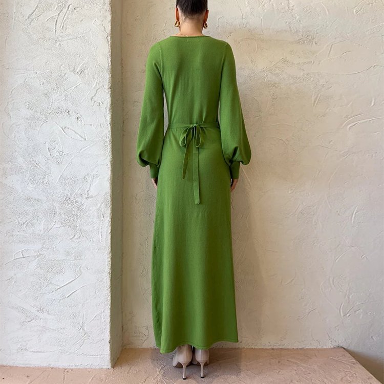 Knitwear Manufacturer Custom Mint Green V Neck Puff Sleeve Maxi casual Formal dress Women Elegant Sweater Knit Women's dress