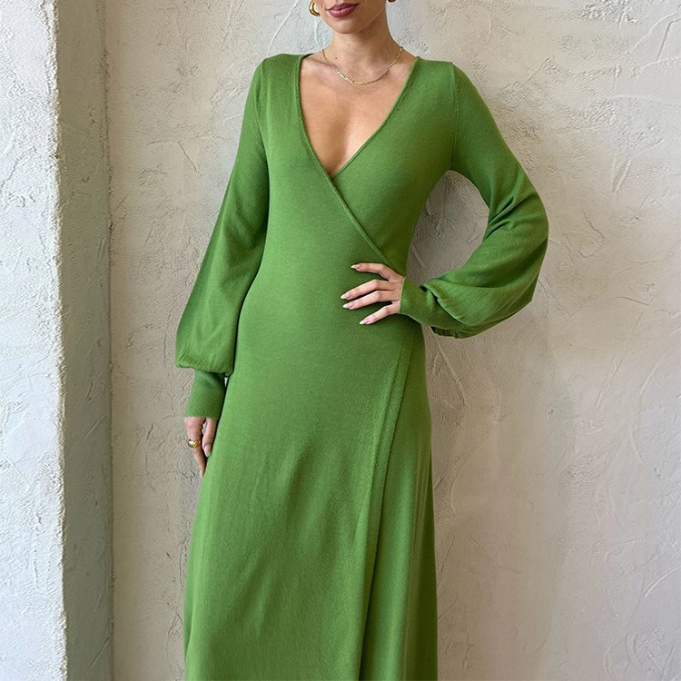 Knitwear Manufacturer Custom Mint Green V Neck Puff Sleeve Maxi casual Formal dress Women Elegant Sweater Knit Women's dress