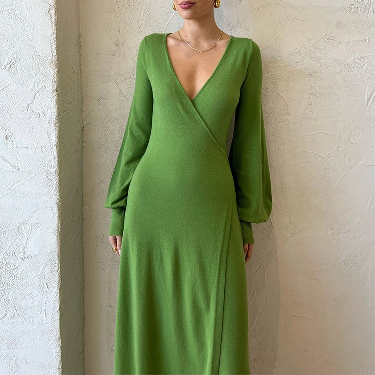 Knitwear Manufacturer Custom Mint Green V Neck Puff Sleeve Maxi casual Formal dress Women Elegant Sweater Knit Women's dress