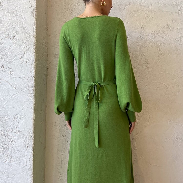 Knitwear Manufacturer Custom Mint Green V Neck Puff Sleeve Maxi casual Formal dress Women Elegant Sweater Knit Women's dress