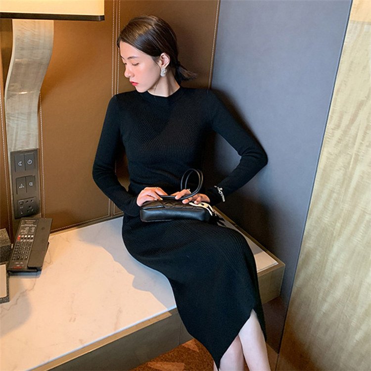 Best selling sexy collect waist split knitted sweater dresses bodycon long dress for women