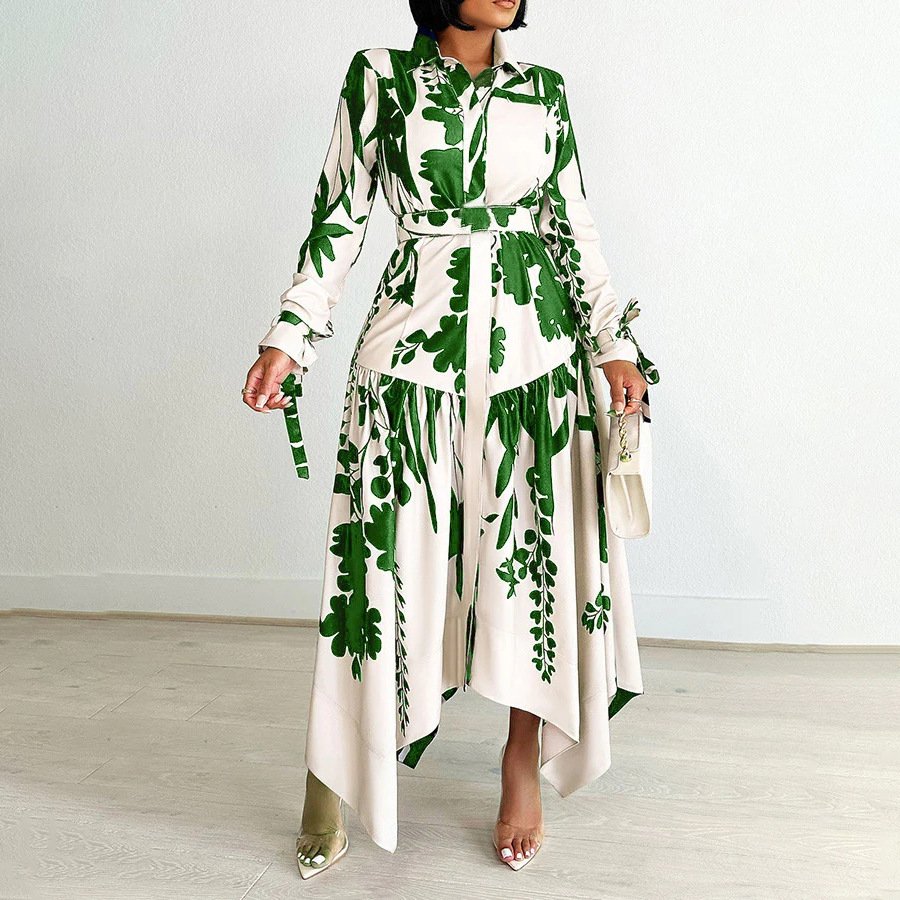 D3264-C1 Elegant Dresses Women Casual Ladies Office Dresses Shirt Collar Irregular Plants Flowers Printed Summer Dress For women