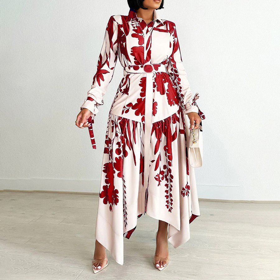 D3264-C1 Elegant Dresses Women Casual Ladies Office Dresses Shirt Collar Irregular Plants Flowers Printed Summer Dress For women