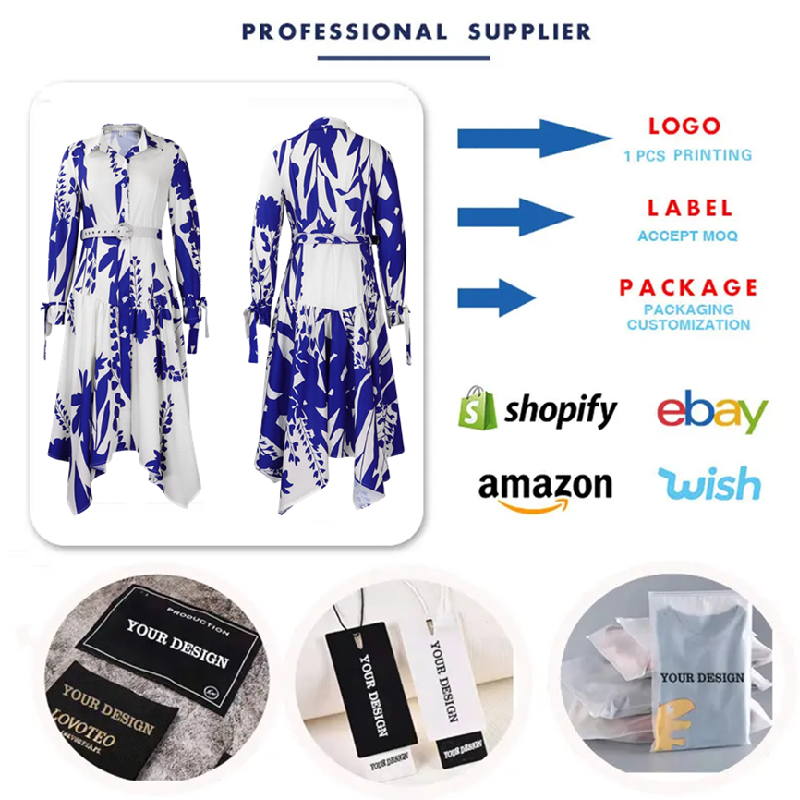 D3264-C1 Elegant Dresses Women Casual Ladies Office Dresses Shirt Collar Irregular Plants Flowers Printed Summer Dress For women