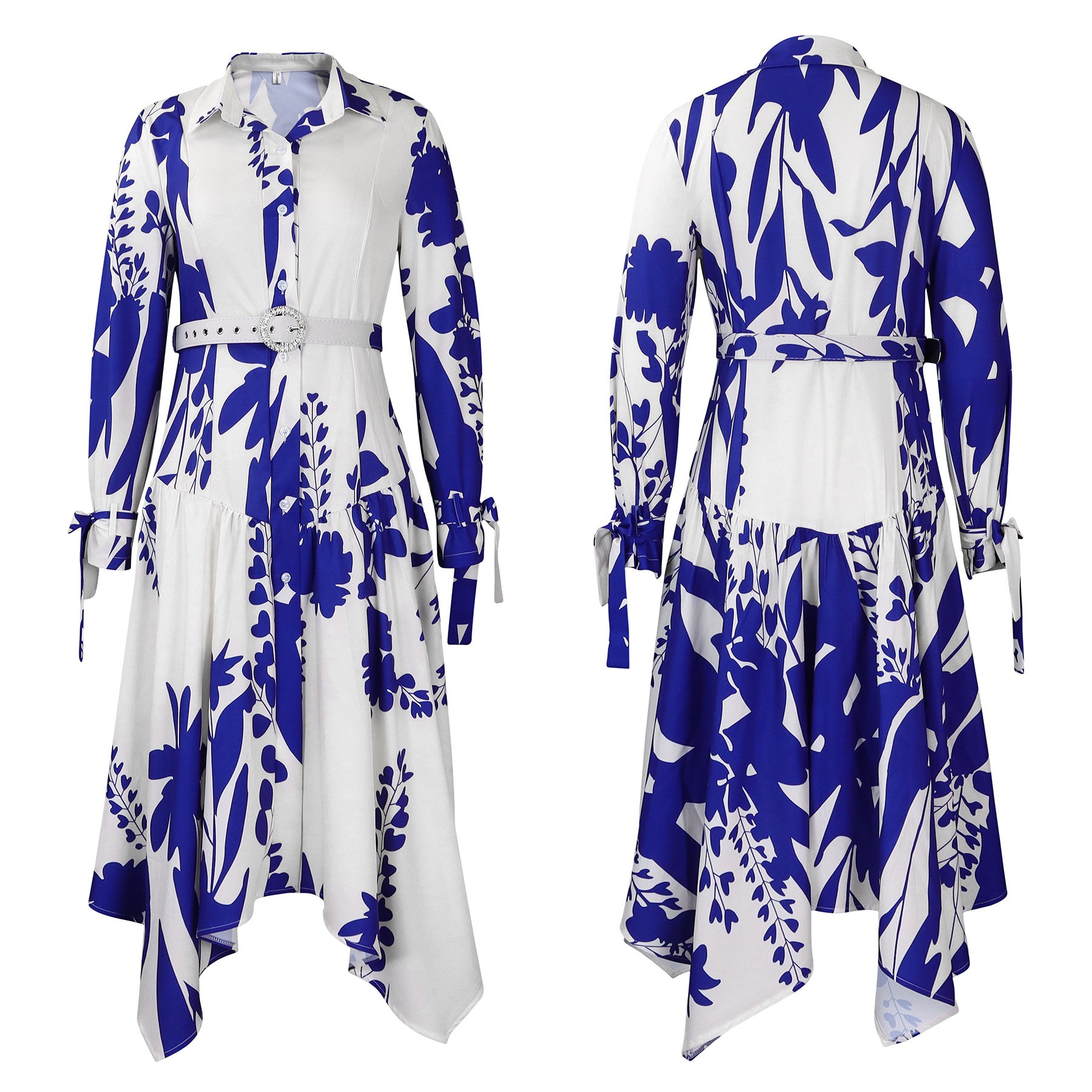 D3264-C1 Elegant Dresses Women Casual Ladies Office Dresses Shirt Collar Irregular Plants Flowers Printed Summer Dress For women