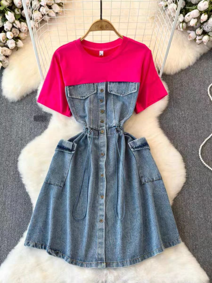 Summer Cute Short Sleeve Casual Dress Patchwork Denim Drawstring Midi Dresses For Women Ladies 2024