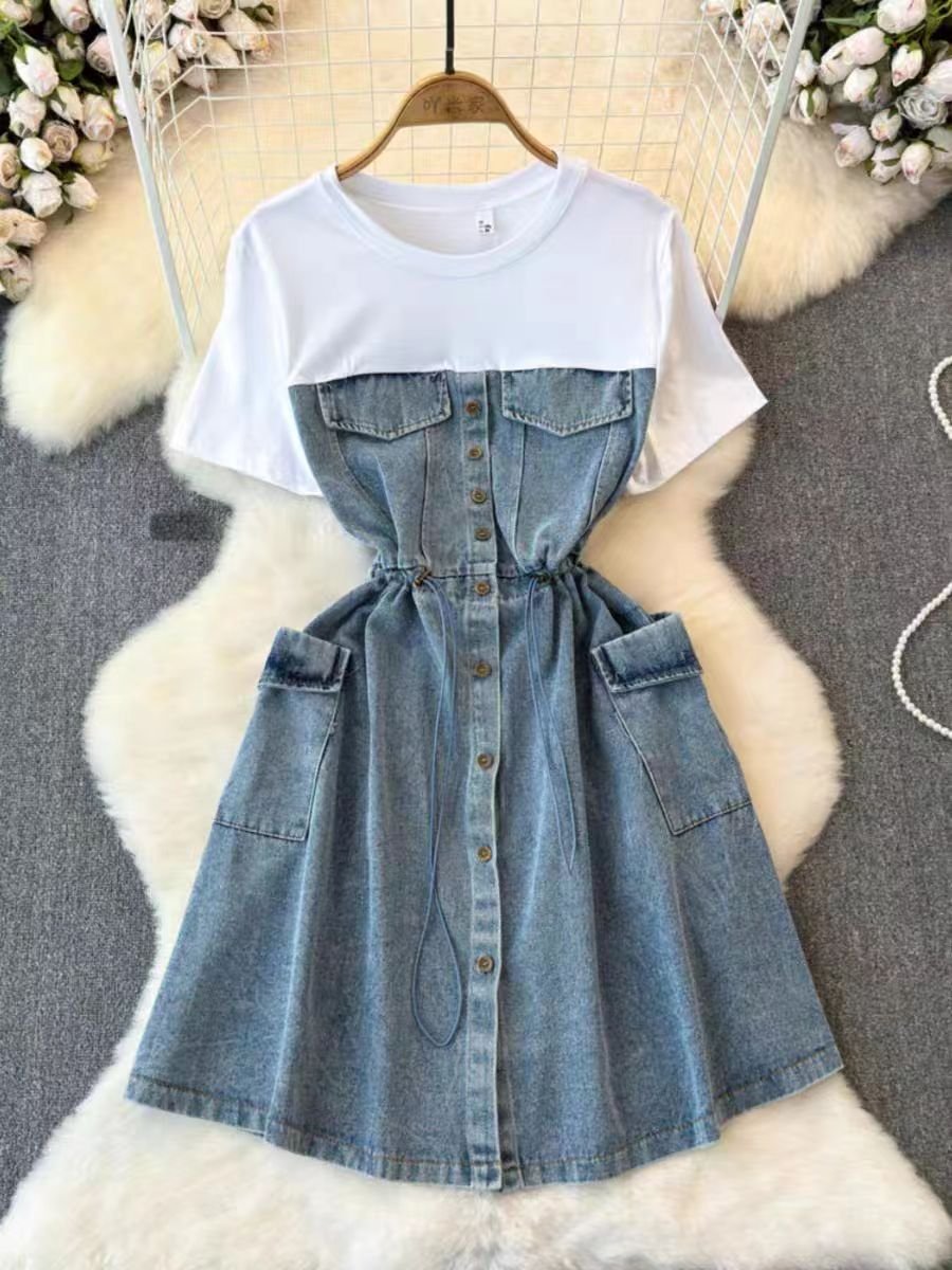 Summer Cute Short Sleeve Casual Dress Patchwork Denim Drawstring Midi Dresses For Women Ladies 2024