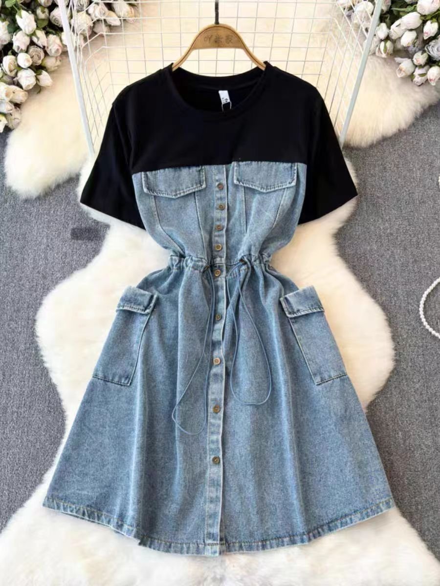 Summer Cute Short Sleeve Casual Dress Patchwork Denim Drawstring Midi Dresses For Women Ladies 2024