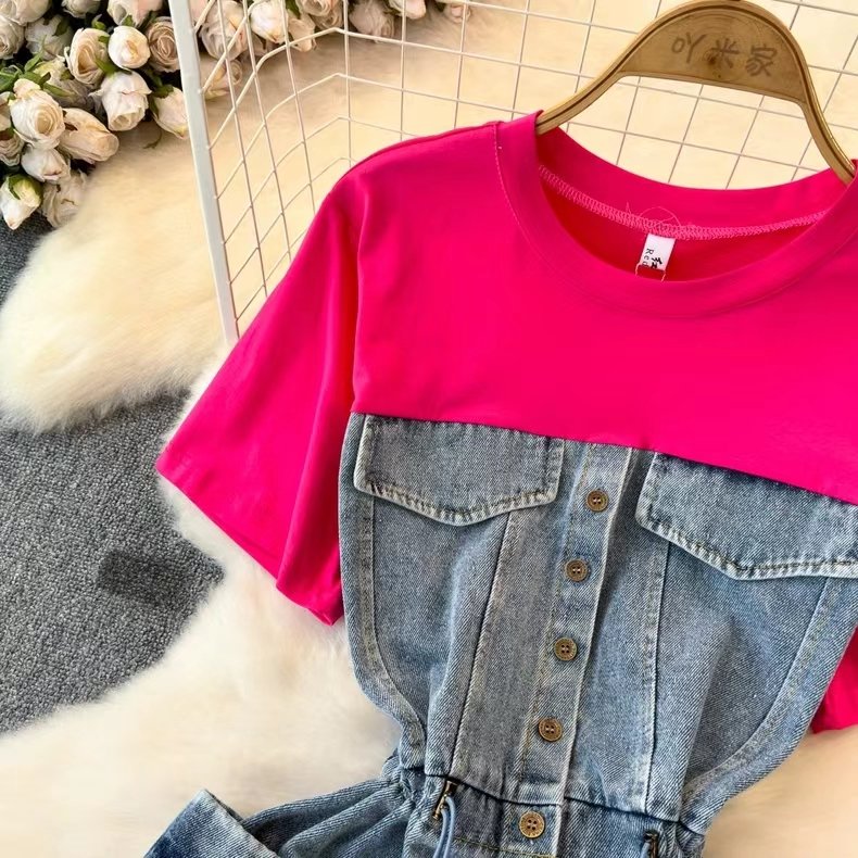 Summer Cute Short Sleeve Casual Dress Patchwork Denim Drawstring Midi Dresses For Women Ladies 2024