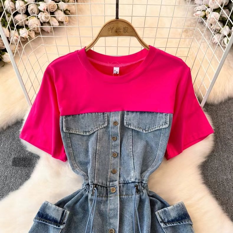 Summer Cute Short Sleeve Casual Dress Patchwork Denim Drawstring Midi Dresses For Women Ladies 2024