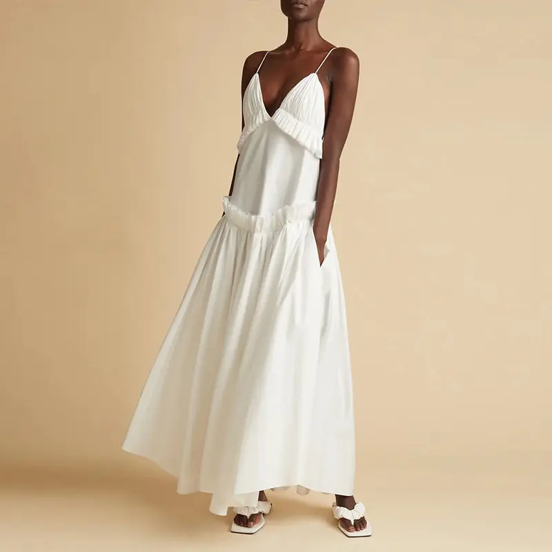 Plus Size Women's Elegant Pleated Sleeveless V Neck A Line Maxi Casual Dress Laddies Ruffled Pleaded White Cotton Dresses Women