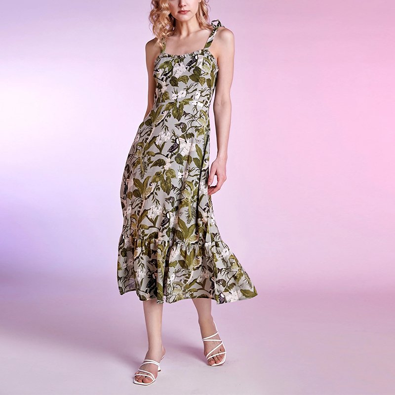 2022 Summer 100% Polyester Dark Olive Green Floral Printed Tie-Strap Midi Casual Dresses Women